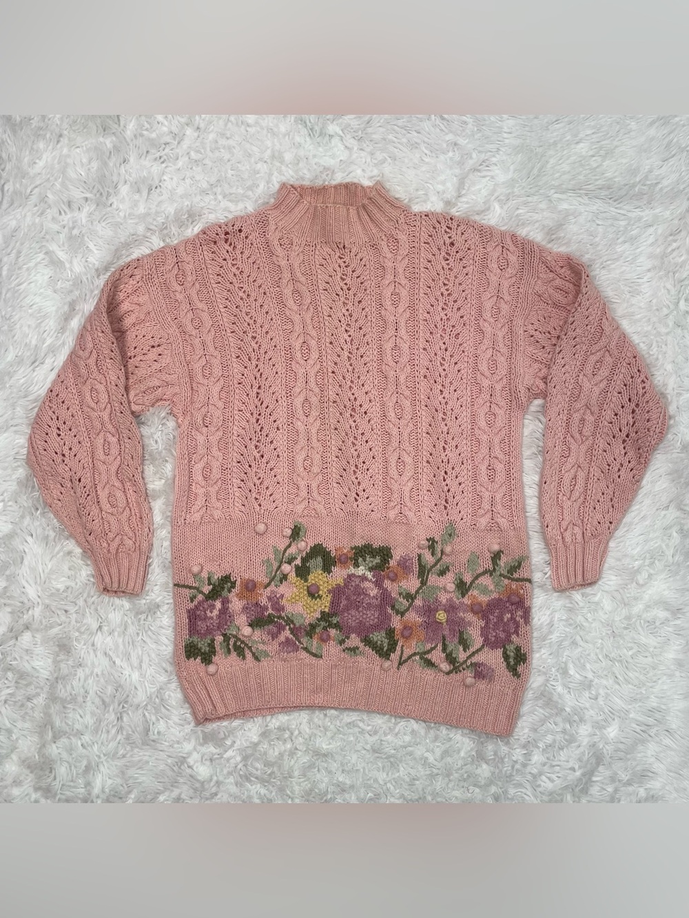 Vintage Van Heusen Handknit Sweater Women’s Size L Large Pink 3D Floral Feminine